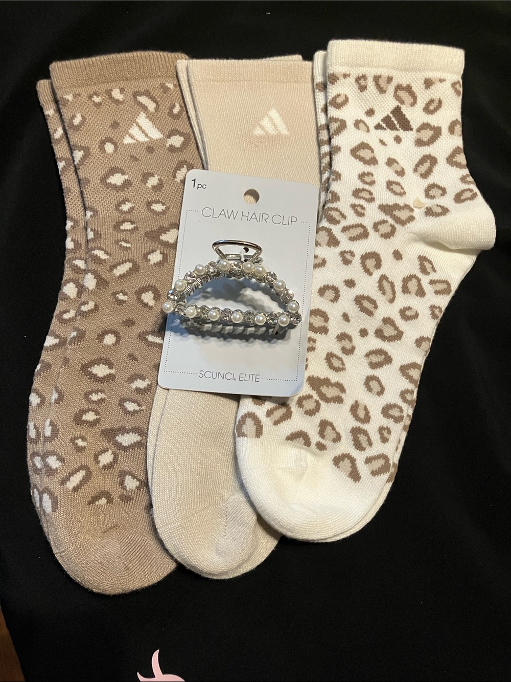 ADIDAS- Beige & Cream Leopard Print Socks with Pearl Claw Hair Clip- NWT